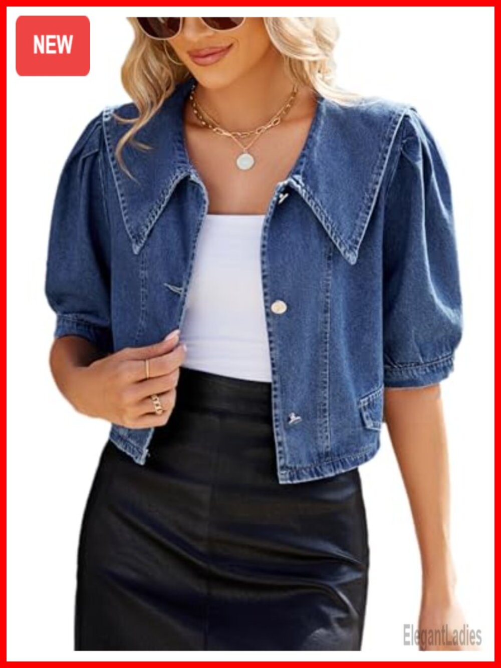 Womens Cropped Denim Jacket Short Puff Sleeve Button Down Trucker Coat